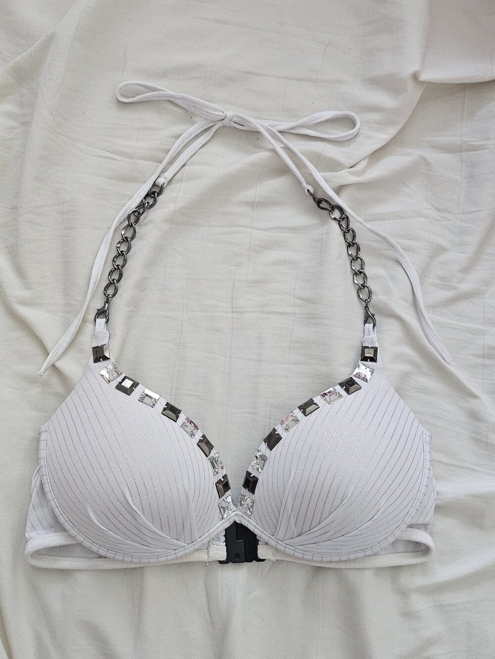 D.i.a Gyaru White And Silver Pinstripe Chain Halter Bra With Rhinestone Beads